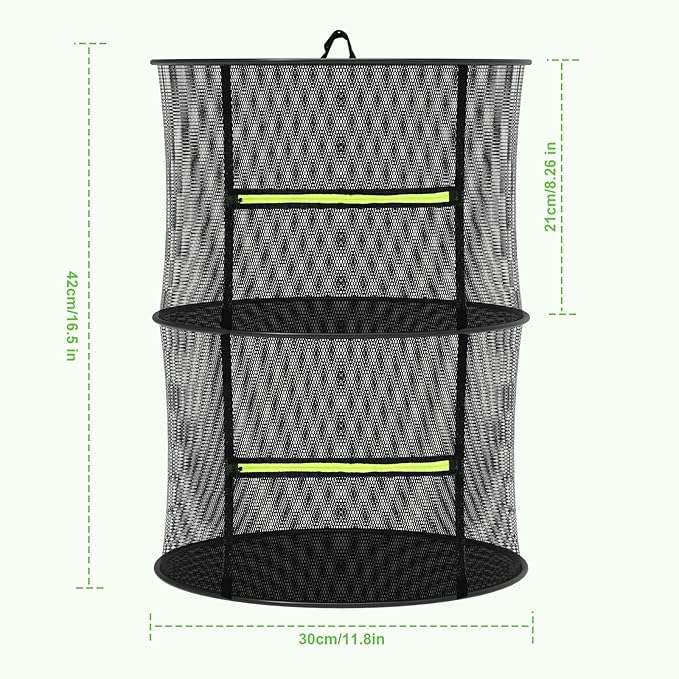 MEKOLIFE 2 Layer Herb Drying Rack, Collapsible Mesh Drying Rack, Small Hanging Drying Net with Green Zipper & Hooks, Indoor Outdoor for Drying Herbs, Socks, Underwear, Seafood & Camping Food (11.81")