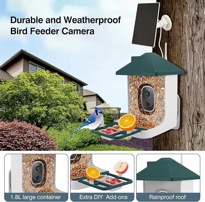 Smart Bird Feeder with Camera,AI Identify Species,Bird House with Solar Powered,Instant Arrival Alerts,2K Capture Video,Live View for Lover (Blackish Green)