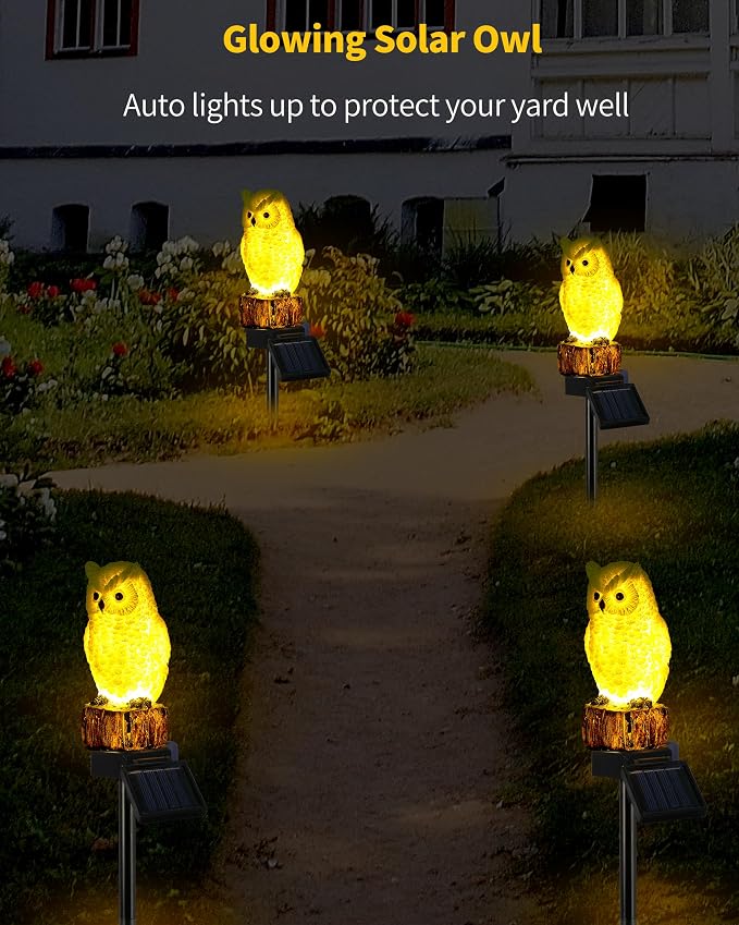iStatue 4PC Solar Owl Garden Stake Lights Gifts for Women Mom Dad Mother's Day Realistic Resin Owl Outdoor Garden Decor, Warm Glow LED for Lawn Yard Pathway (4-Pack, Owl)