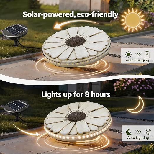 Solar Stepping Stones that Light Up at Night, 2 Pack 10" Cement Daisy Flower Garden Path Stone, Non-Slip Weather-Resistant Outdoor Yard Walkway Decor (White)