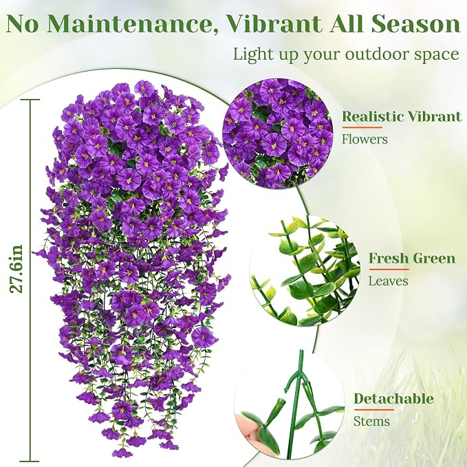 MARTINE MALL 2 Pcs Look Real Artificial Flowers for Outdoors, Realistic Artificial Hanging Flowers for Outdoors, UV Resistant Fake Hanging Plants Silk Petunia Faux Flowers for Porch Patio, Purple