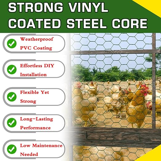 Chicken Wire 48inx150ft, Premium Chicken Wire Fencing, Chicken Wire Mesh, Green PVC Coated Metal Wire Fence, Galvanized Poultry Netting Barrier for Floral Arrangements/Craft Projects//Rabbit