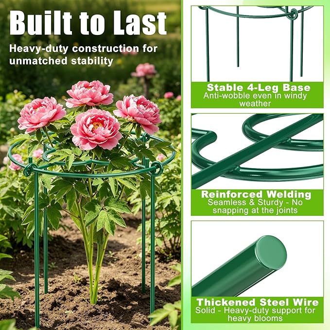 cyrico Peony Cages and Supports 5 Pack, 12” x 16” Heavy Duty 3.5mm Metal Peony Stakes with 4 Legs, Rust-Proof Grow Through Plant Support Hoops, Outdoor Garden Flower Support Rings for Heavy Blossoms