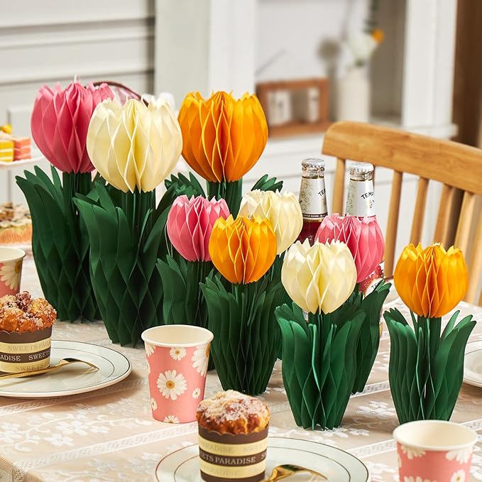 12 Pcs Tulip Honeycomb Decorations, Spring Decorations for Office, Table Decor, Tulip Party Decorations, Spring Centerpieces for Tables for Mothers Day Party, Womens Day