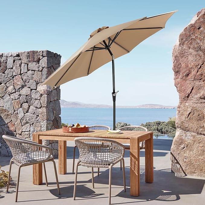 OLIXIS 9FT Patio Table Umbrella with Tilt and Crank Button & 8 Sturdy Ribs Waterproof, 9 Feet Outdoor Patio Umbrella Sun Shade for Poolside, Terrace, Beach and Restaurant, Khaki