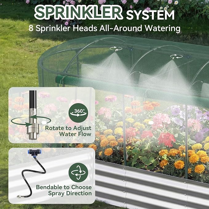 Lineware Raised Garden Bed with Sprinkler Timer and Self-Watering System, 8x3x1 ft Elevated Planter Boxes Outdoor with Mesh Cover, Oval Raised Beds for,Vegetables,Flowers, Backyard, Patio