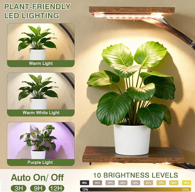 VECELO Plant Stand with LED Light, 10-Tier Indoor Plant Shelf with Supplemental Lighting, Metal Frame & Wood Shelves with Hanging Hooks, Space-Saving Plant Rack for Living Room or Corner Display