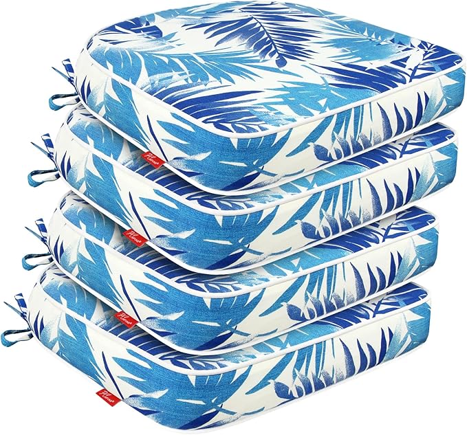 Outdoor Chair Cushions Set of 4, 17x16 Inch U-Shape Patio Seat Cushions with Ties, Water & Fade Resistant High Density Foam Cushions for Garden Patio Chairs, Blue Leaf