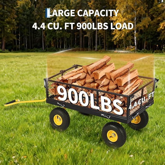 900 Lbs Heavy Duty Steel Garden Cart, Garden Wagon Cart on Wheels, Outdoor Metal Yard Utility Wagon Carts with and Mesh Removable Sides(Convert to Flatbed) and 180°Rotating Handle