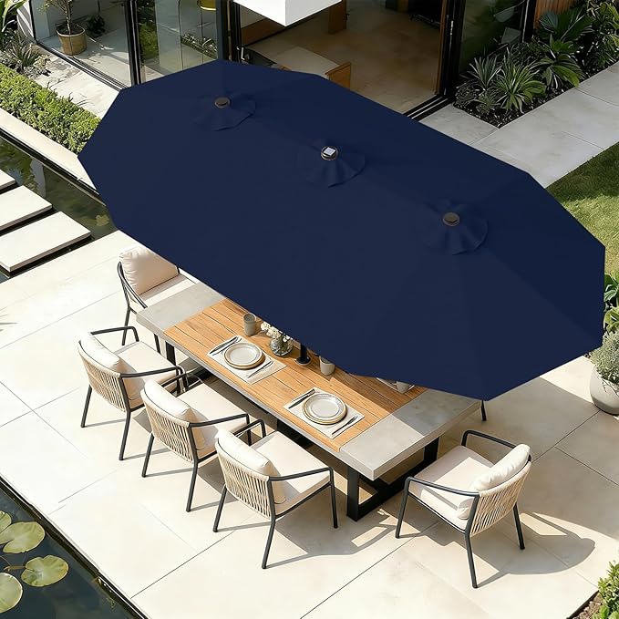 AreShark 13 FT Patio Umbrella with Solar Lights, Double-Sided Outdoor Table Umbrellas with Crank, Large Rectangular Market Umbrella for Porch, Lawn, Pool, Backyard, Navy
