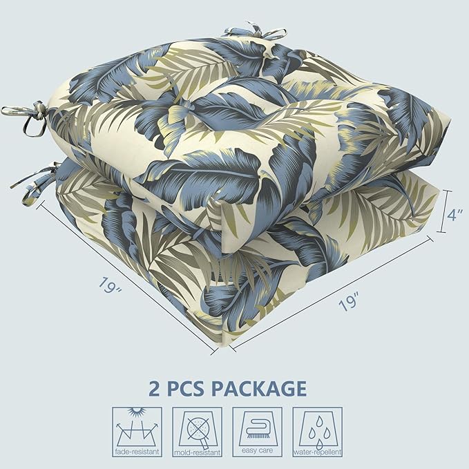 LVTXIII Outdoor U-Shaped Wicker Seat Cushion, Decorative Tufted Chair Pads Round Back Seat Cushion Set for Patio Garden Home Office Furniture, 19"x19"x4", 2 Pack, ‌Lush Palm Blue