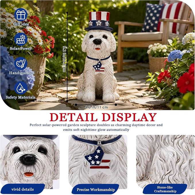 Nacome Solar Dog Garden Statue: American Flag Figurine for Patriotic Outdoor Lawn Porch Patio Yard Decorations - Gifts for Mom Grandma Women