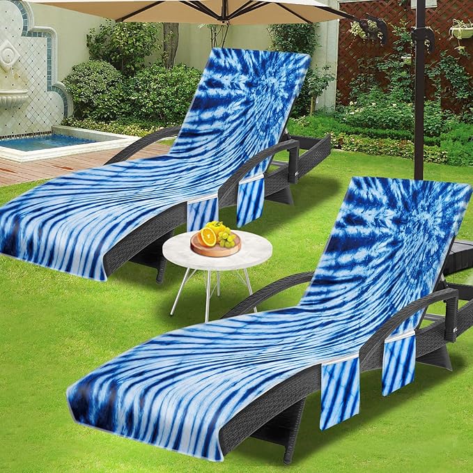 Lounge Chair Towel Cover (Pack of 2), Tie Dye Style Chaise Lounge Cover, Beach Chair Covers with Pockets for Pool Beach Garden Courtyard Outdoor Trips, 85 x30 in, Royal Blue