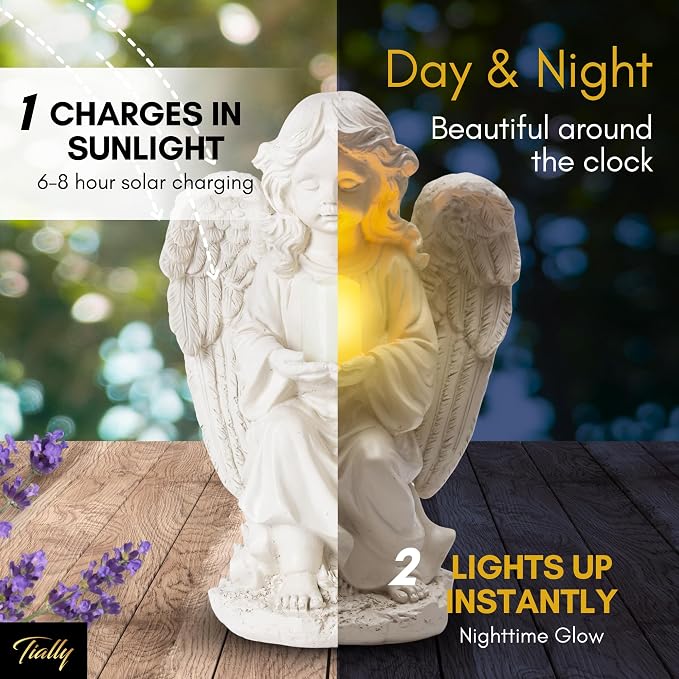 TIALLY Solar Angel Garden Statue with Glowing Candle – Large Angel Figurines with Soft Glow, Weatherproof Outdoor Statues for Memorial Decor, Yard, Lawn or Cemetery Use, Angels Gifts for Women