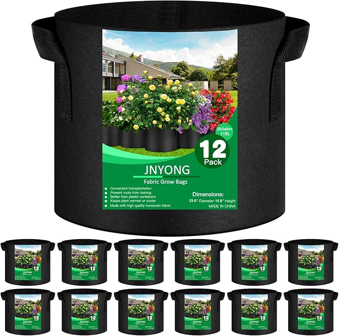 JNYONG 12-Pack 30 Gallon Thickened Non-Woven Grow Bags, Aeration Fabric Pots with Handles（Black）