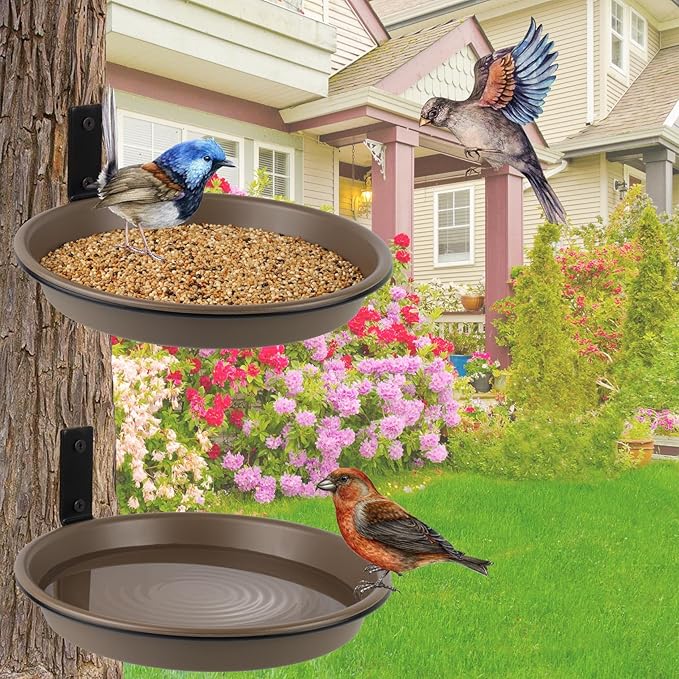 2 Pack Fence Bird Feeder Bath Tray for Outside, 8.4'' Plastic Wild Bird Bath Bowl with Metal Holder for Wood Post, Heavy Duty Wall Tree mounted Pet Squirrel Water Feeder Station Outdoor Garden