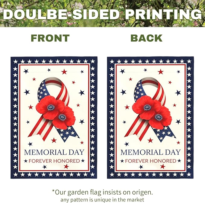 Memorial Day Garden Flag Forever Honored Patriotic Outdoor Yard American Flags Ribbon Poppy Honor Fallen Soldiers Military Remembrance House Banner Porch Patriotic Home Decor 12x18 Inch