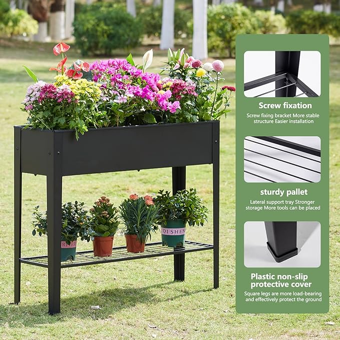Raised Garden Bed, Elevated Planter Black Metal Plant Box with Legs Standing Garden Stand Drainage Holes Black