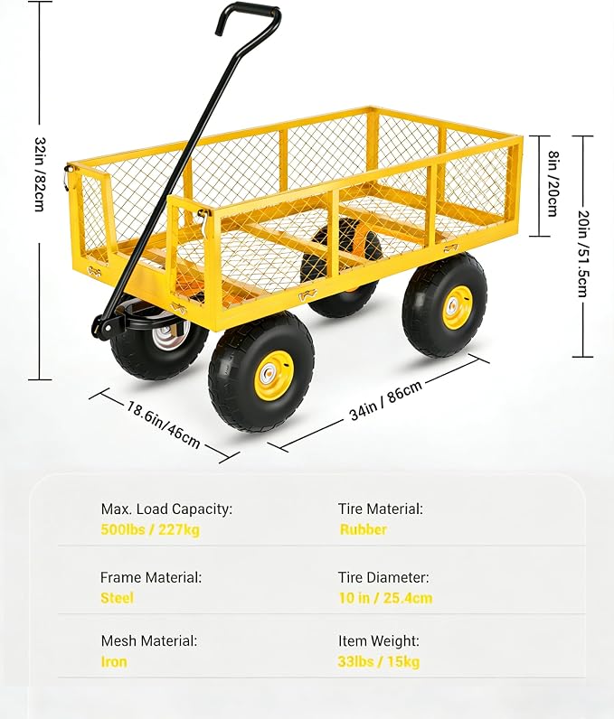 Garvee Steel Garden Cart, 500 LBS Capacity Utility Outdoor Wagon, Heavy Duty Mesh Garden Metal Wagon with Removable Sides, Flexible Handle for Yard, Lawn, Garden