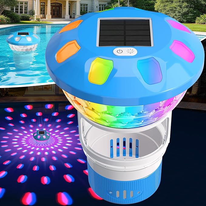 Pool Chlorine Floater, Solar Chlorine Floater with Colorful Lights, 3 Inch Chlorine Tabs Floater w/Adjustable Flow, Button Control Floating Chlorine Dispenser for Pools, Hot Tubs, Light Blue