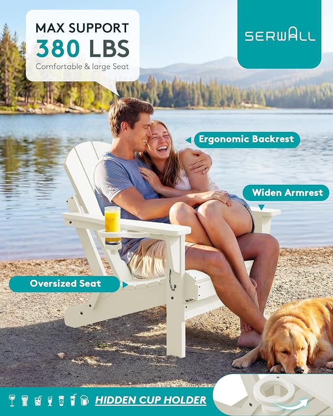 SERWALL Folding Adirondack Chair Set of 2, All Weather Patio Chair with Wood Texture, Fire Pit Chairs for Outdoor - White