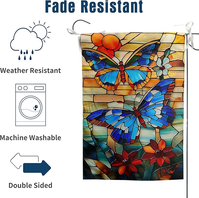 Stained Glass Butterfly Garden Flag Spring Summer House Flag Fall Floral Decorative Yard Flags for Outside 28x40 Double Sided Large Seasonal Lawn Flags Rustic Outdoor Decor