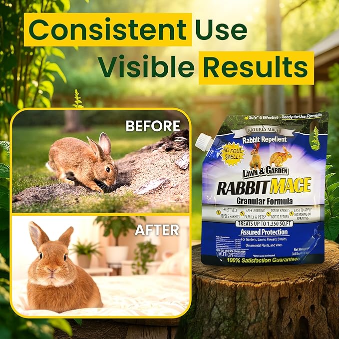 Nature's MACE Rabbit MACE Granules, Rabbit Repellent for Gardens, Lawns, Farms & Landscapes, Treats 1,350 sq ft, Granular Deterrent, 3 Pounds, All-Season Use, Safe for Pets, Children, and Plants