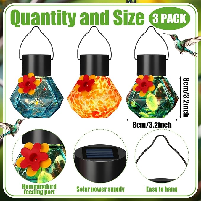 Nuogo 3 Pcs 3.54 Inch Blown Glass Hummingbird Feeders Solar Powered Hummingbird Feeder with LED Light for Garden Outdoors Window Decor Valentine Hanging Gifts Ant and Bee Resistant (Color C,Novel)