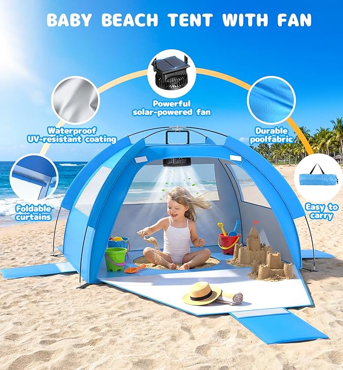 Baby Beach Tent Solar Cooling Fan, Anti-UV Toddler Beach Tent Sun Shelter Portable Travel Fan Beach Shade Tent, Baby Play Tent Built-in Ceiling Fan Sun Shelters Toddler Beach Essentials