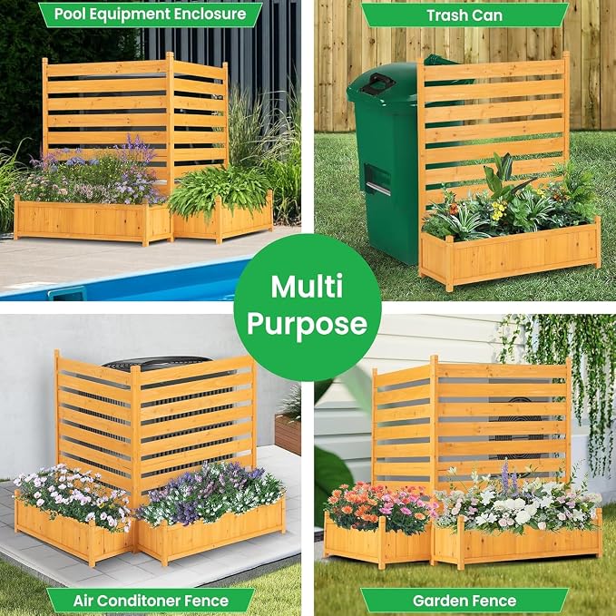 FORTUNO Outdoor Air Conditioner Fence Wood Privacy Screen with Planter Box for Trash Can Pool Equipment Garbage Can Enclosure No-Dig Kit, 2 Panels