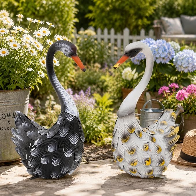 19" Swan Statue Set of 2, Handcrafted Lifelike Metal Swan Sculptures with Ground Stakes, Weatherproof Large Swan Figurines for Garden Patio Yard Decor, Gifts for Women Wedding Housewarming