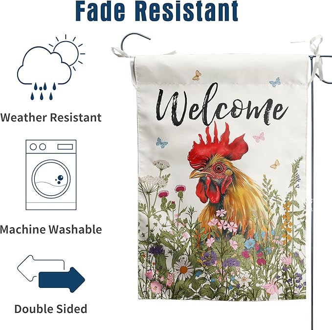 Floral Chicken Garden Flag Spring Summer House Flags 28x40 Double Sided Farmhouse Rooster Yard Flags for Outside Large Outdoor Welcome Flags Farm Chicken Coop Decor