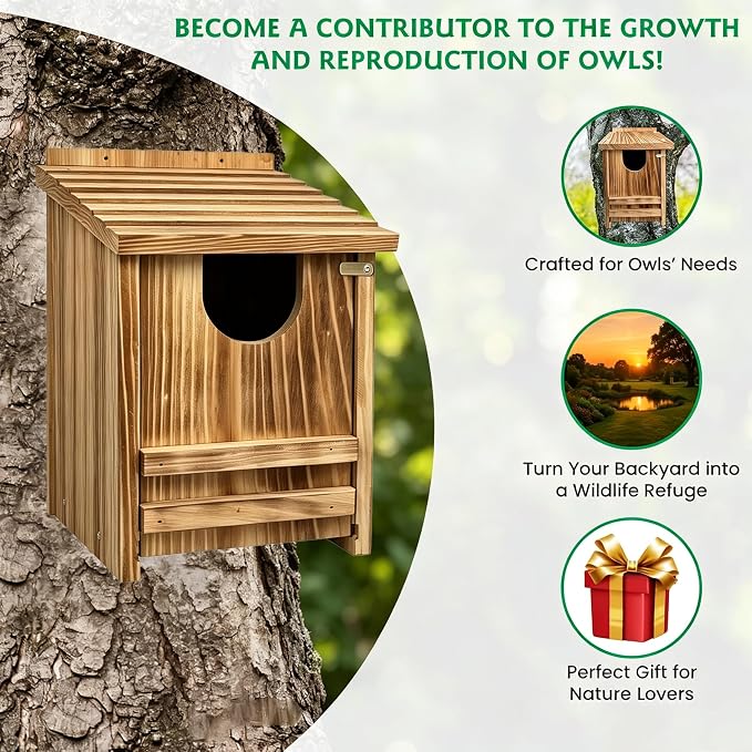 Pine Wood Owl Nesting Box with Shavings for Screech Owls & American Kestrels, 14" x 9" x 9" Outdoor Owl House, Weatherproof, Durable & Easy to Install, Charred Brown Color