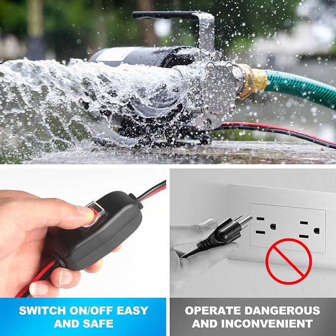 Water Transfer Pump, 12V 1/10HP Electric Utility Pump with On/Off Switch 2 * 6 ft Water Hoses Kit for Removing Water from Garden Pools Aquariums Hot Tub Draining 1/8’’ Low Suction for Rain Barrel