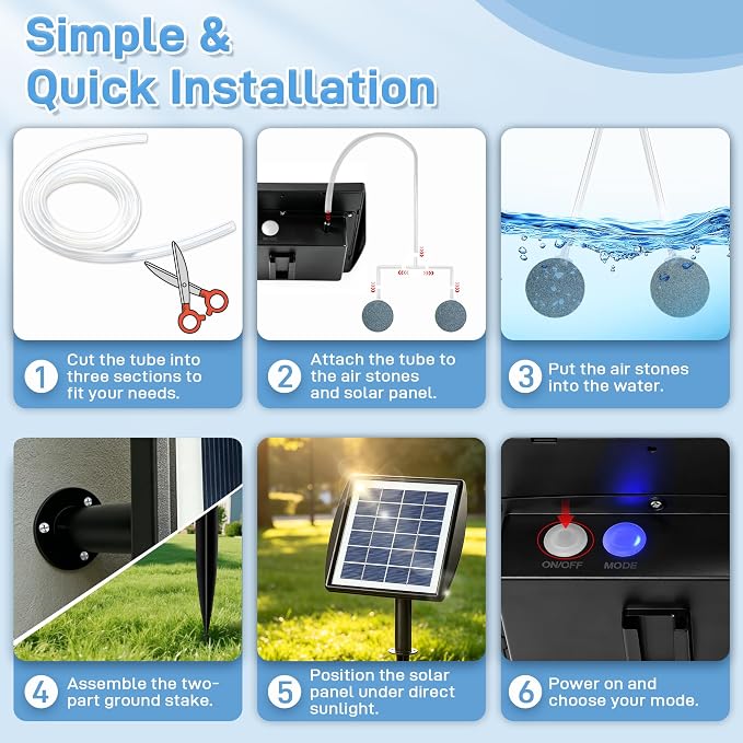 Yeomi Solar Aerator for Pond, 2W All-in-One Solar Air Pump, 2 Modes (16H/32H), Outdoor Solar Pond Aerator for Small Pond, Fish Pond, Fish Tank, Outdoor Fishing