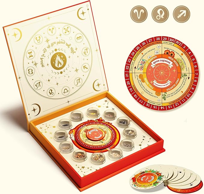 Lush&Dew Gardening Gifts for Women Men, Zodiac Garden Seed Bank, 12 Varieties Non-GMO Heirloom Vegetables Flower Seeds, Hand Craft Storage Box with Moon Calendar for Fire Signs, USDA Zone 3-11