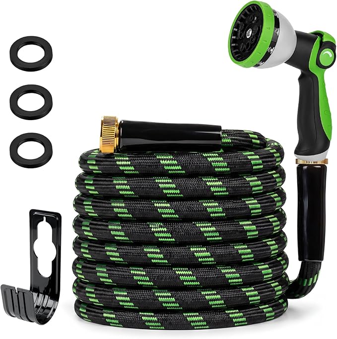 Garden Hose 25 FT, Non-Expanding Water Hose with 10 Pattern Spray Nozzle, Lightweight Flexible Kink-Resistant Garden Hose, Durable Outdoor Hose for Yard, Lawn, Patio, Garden, Car Washing, Black Green