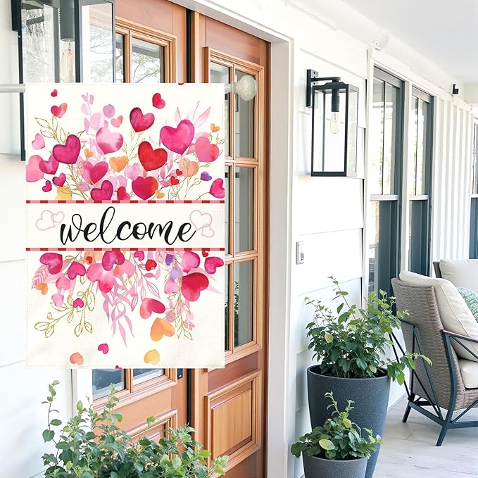 Valentines Day Garden Flag Welcome Heart Large Double Sided House Banner Romantic Red Pink Love Hearts Yard Flags for Porch Patio Lawn Farmhouse Wedding Anniversary Party Decor 28x40 Inch