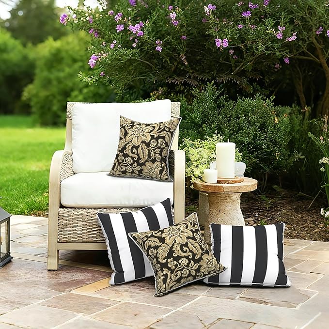 LVTXIII Set of 2 Patio Throw Pillows Waterproof 16"x16" Fade Resistant Outdoor Throw Pillows with Inserts, Fluffy Decorative Garden Toss Pillow Cushions for Home Patio Coach Sofa Use, Jacobean Black