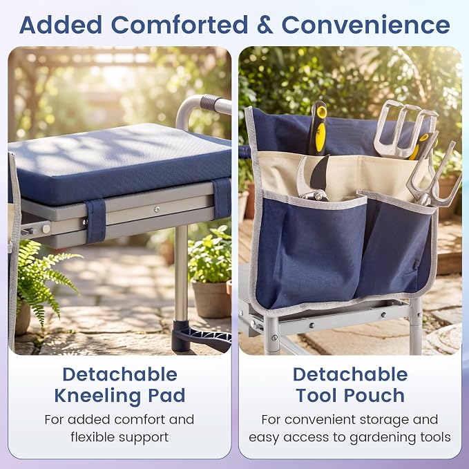 2-in-1 Garden Kneeler and Seat, Folding Garden Seat w/EVA Foam Kneeling Pad & Removable Tools Pouch, Sturdy Steel Frame, No Assembly, Portable Heavy Duty Garden Stool w/Detachable Armrests