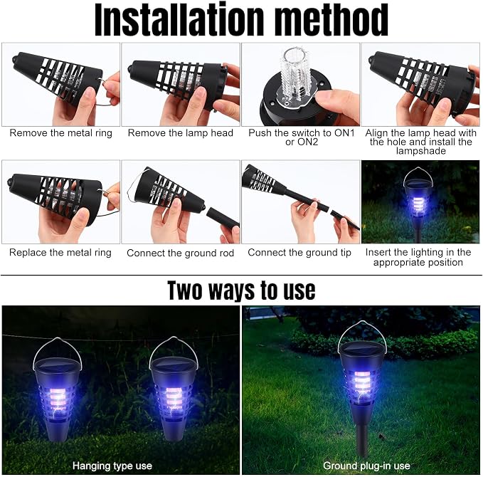 Qualirey 4 Pack Solar Bug Zapper & Mosquito Killer Outdoor Waterproof Cone-Shaped LED Light Mosquito Repellent for Patio, Garden, Yard, Camping - Hanging/Insertion Design (White & Purple Light)