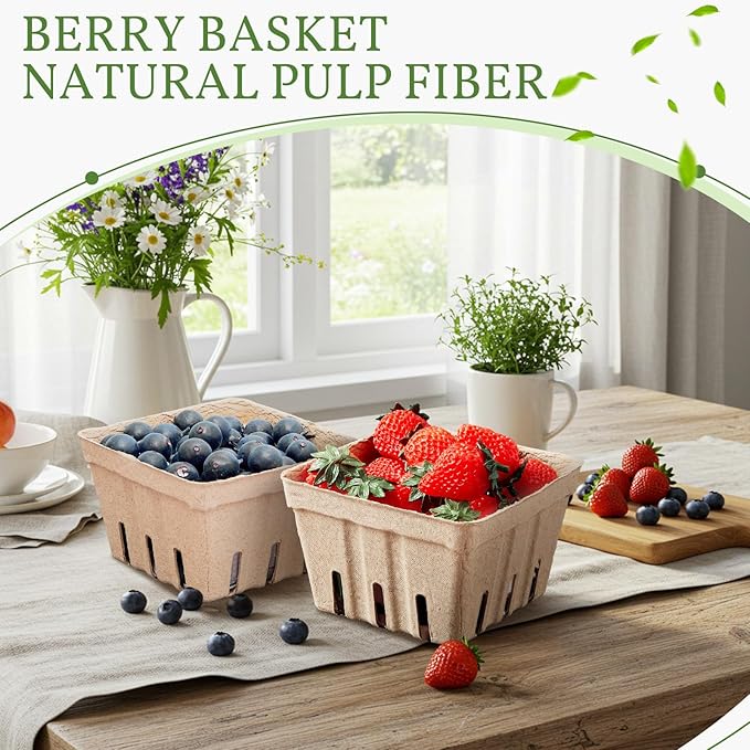 Reallnaive 20 Pack Natural Pulp Fiber Berry Baskets 1 Pint, Small Molded Produce Vented Basket for Strawberry, Blueberry, Raspberry, Vegetables, Farmers Market, Fruit Picking, Garden Harvest, Party