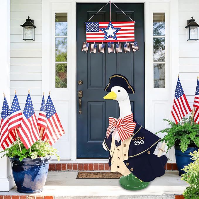 4th of July 3 Pcs Porch Goose Outfits, for 23-28 Inch Porch Goose,250th Goose Outfits USA Outdoor (1776–2026)，Cement Statue for Courtyard Garden Terrace Art Decoration