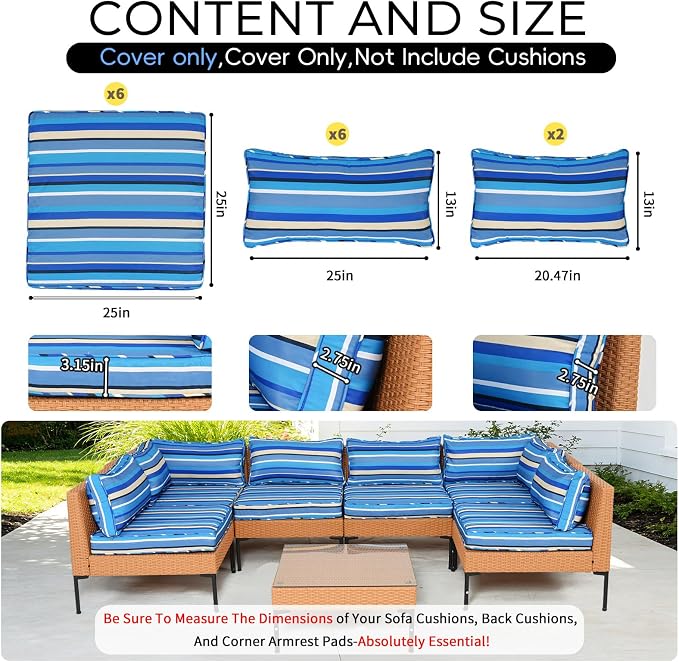 14 Piece Outdoor Patio Cushion Covers Replacement Waterproof with Zipper for 6-Seater Sectional Couch Chair Patio Furniture Conversation Sofa Seat Cushions Slipcovers Set, Only Cover