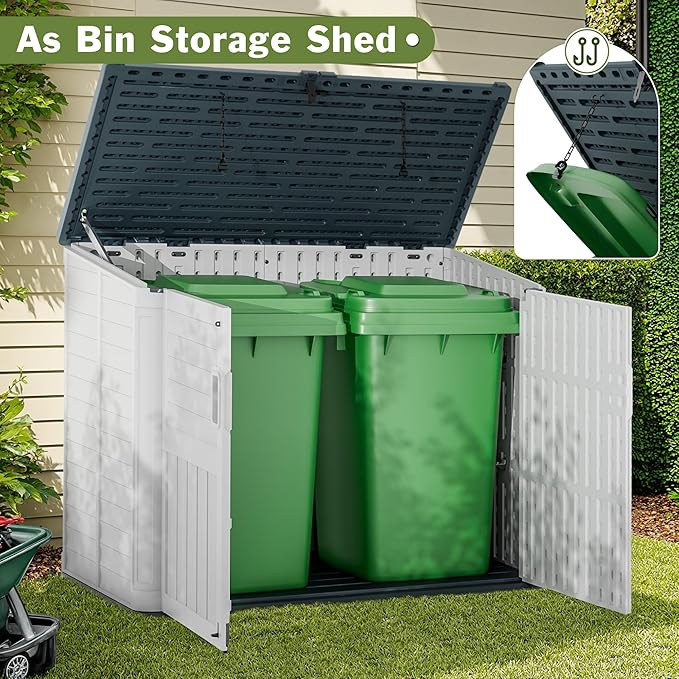 JUMMICO Resin Outdoor Storage Shed, 34 Cu Ft Horizontal Storage Cabinet with Shelves for Trash Cans, Garden Tools, Pool Supplies (Beige)