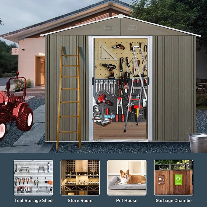 KEIKI 8x6 FT Outdoor Metal Storage Shed with Peaked Roof,Vents,Window and Metal Foundation for Garden Yard Lawn
