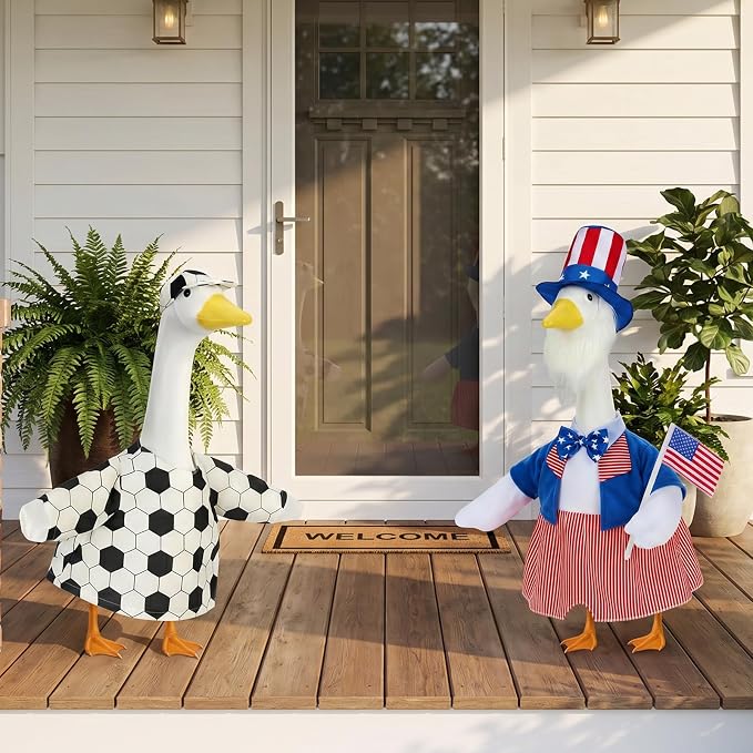 4th of July Porch Goose Outfit with Soccer Goose Outfit, Patriotic Uncle Sam Goose Costume with American Flag & World Cup Fit 23" Geese Statues Garden, Patio, Lawn Yard Decor