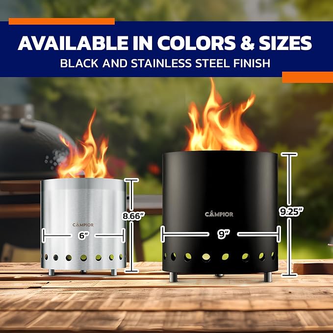 CAMPIOR Wood Burning Fire Pit Stove with Black Exterior - Smokeless Outdoor Stove for Efficient Wood Fires, Camping, and Gatherings, Stainless Steel with Removable Ash Pan, Stand and Carry Bag
