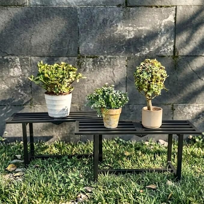 Plant Stand Indoor Outdoor, Foldable Metal Plant Shelf for Multiple Pots, Mid Century Slatted Bench for Patio Garden, Heavy Duty Capacity 330 lbs 2 Pack Black