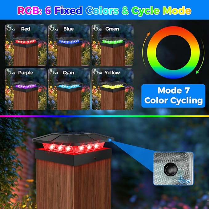 Peasur 4x4 Post Solar Lights RGB Color Changing, 2 Pack Post Cap Light Fits 4×4/3.5×3.5 Wood/Vinyl Posts, Waterproof Fence Top Lighting for Wood/Vinyl Posts for Outside Deck Mailbox Porch Railing